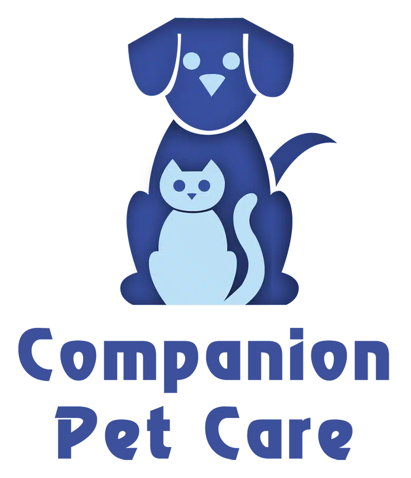 Companion-Pet-Care-logo A simple blue graphic of a dog sitting behind a cat, both stylized with minimal facial features, on a gradient blue background with two horizontal blue bars beneath them—perfect for a veterinarian or vet clinic logo.