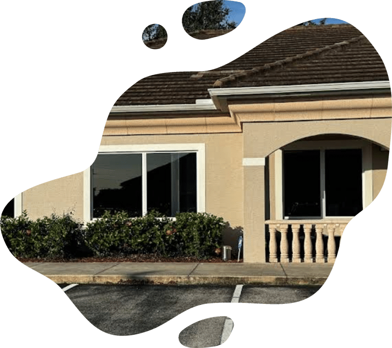 A tan building with white trim, large windows, and a small covered porch with columns. Bushes line the front, and empty parking spots await outside this welcoming veterinarian clinic. The image is framed with an irregular white border.