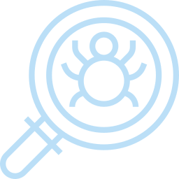 A light blue line drawing of a magnifying glass focusing on a bug, subtly blending the precision of a vet examining an animal with the concept of detecting bugs, often used in software testing or cybersecurity.