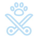Light blue icon of a paw print above two crossed scissors handles, suggesting pet grooming, veterinarian, or animal care services. The background is plain and light-colored.