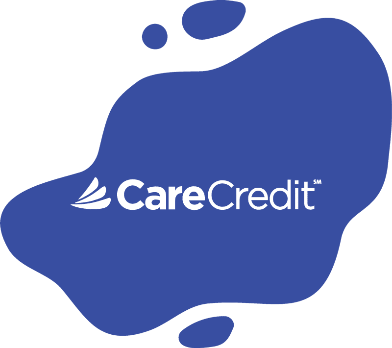CareCredit logo with white text and a three-line blue symbol on a blue irregular shape background, ideal for vet or veterinarian services.